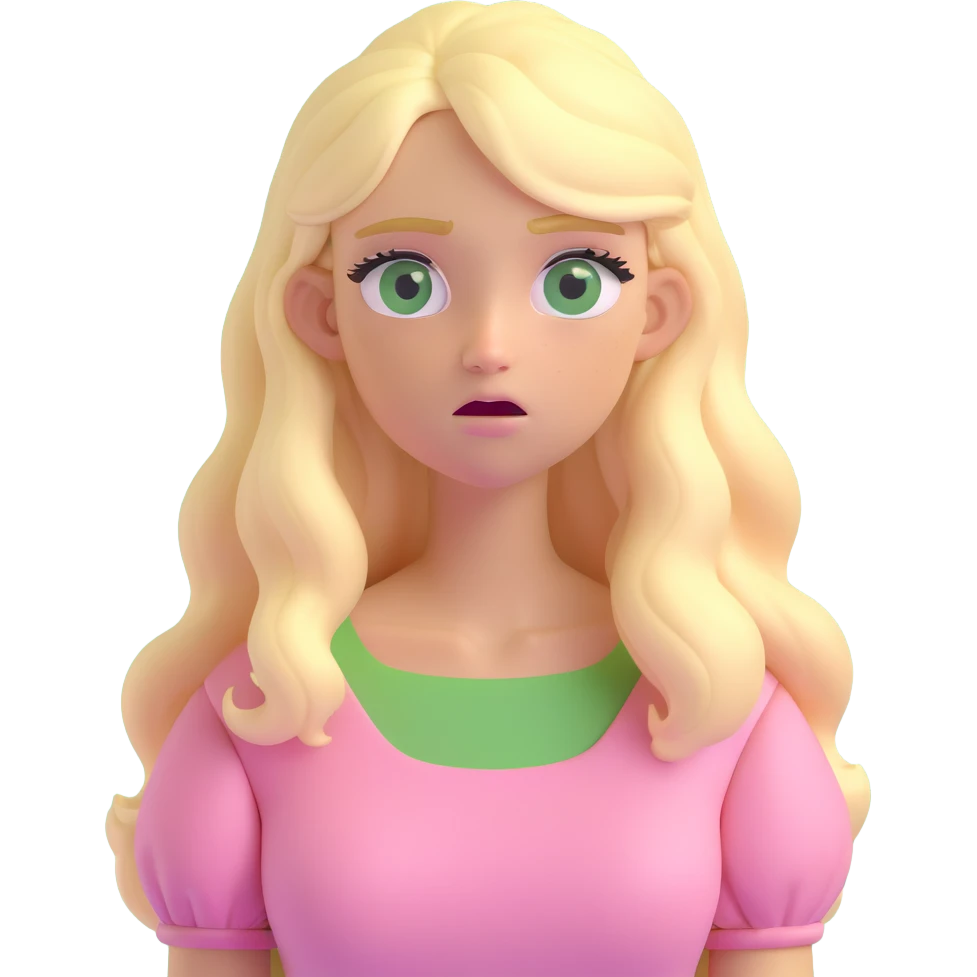 a 3d IOS realistic style emoji of a blonde with long hair and swamp eyes in a pink pastel dress confused emoji