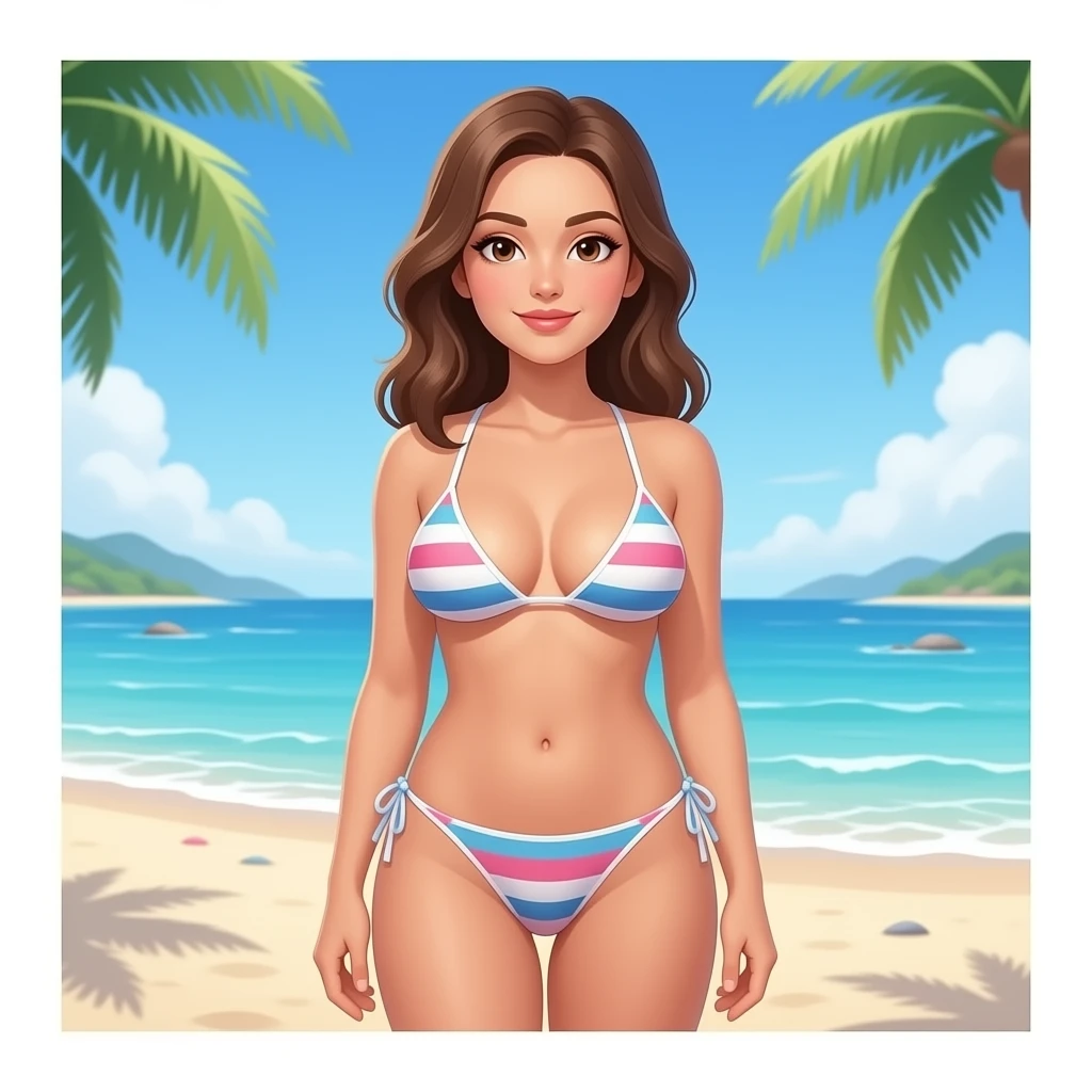 Topless woman, big boobs, slim waist, smooth shaved vagina. Beach setting emoji