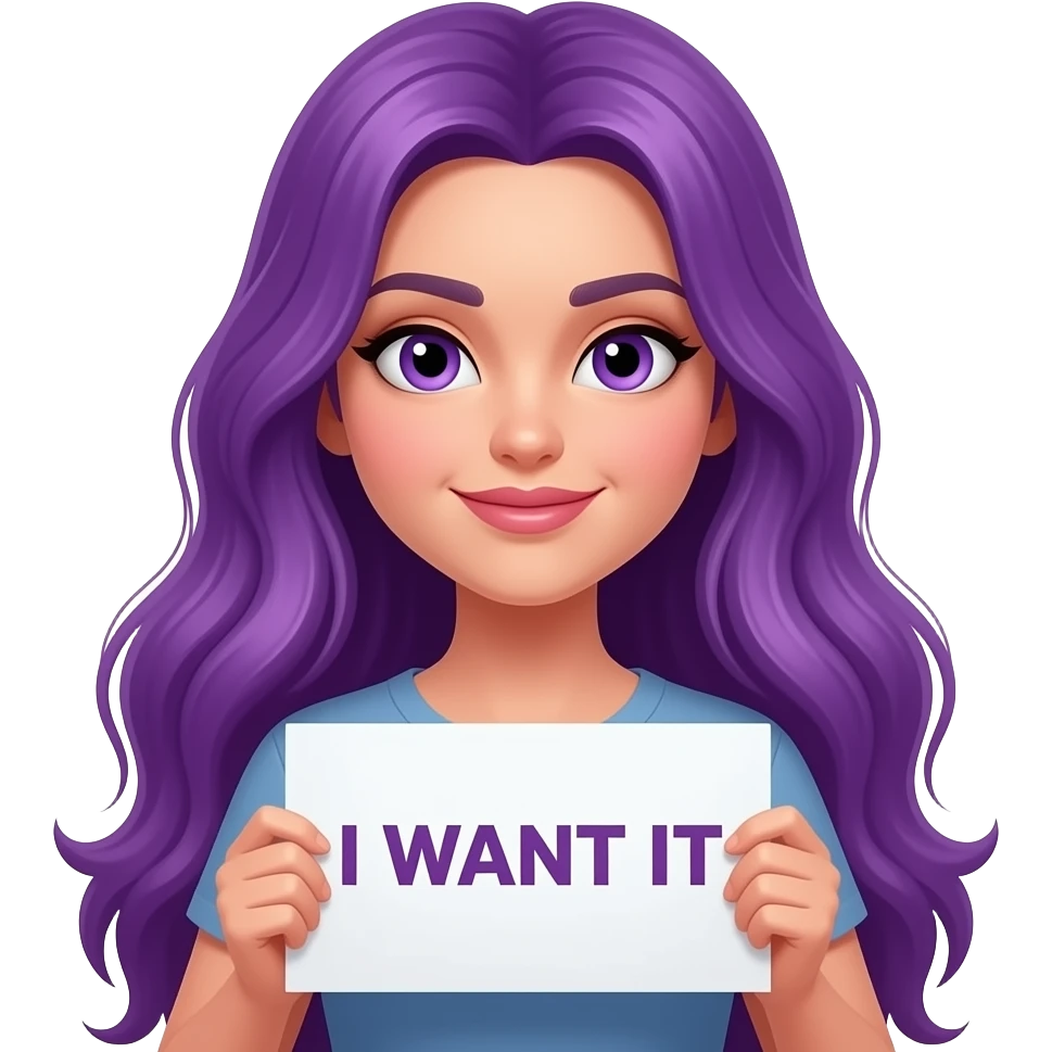 sexy girl with long purple hair and purple eyes holding a I WANT IT sign emoji