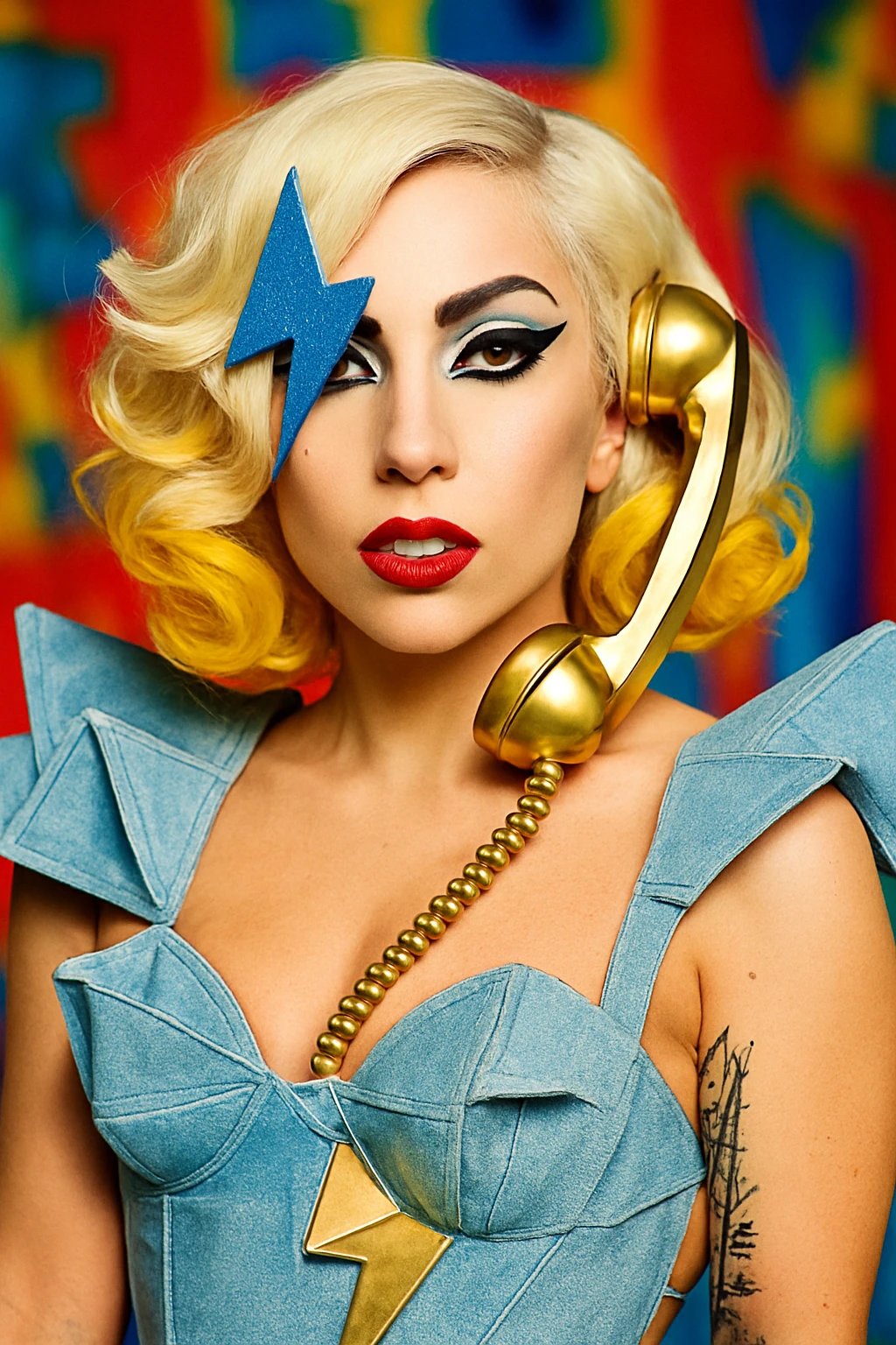 Lady Gaga in her iconic look from the Telephone music video, bold makeup, platinum blonde hair, unique fashion, pop star style emoji