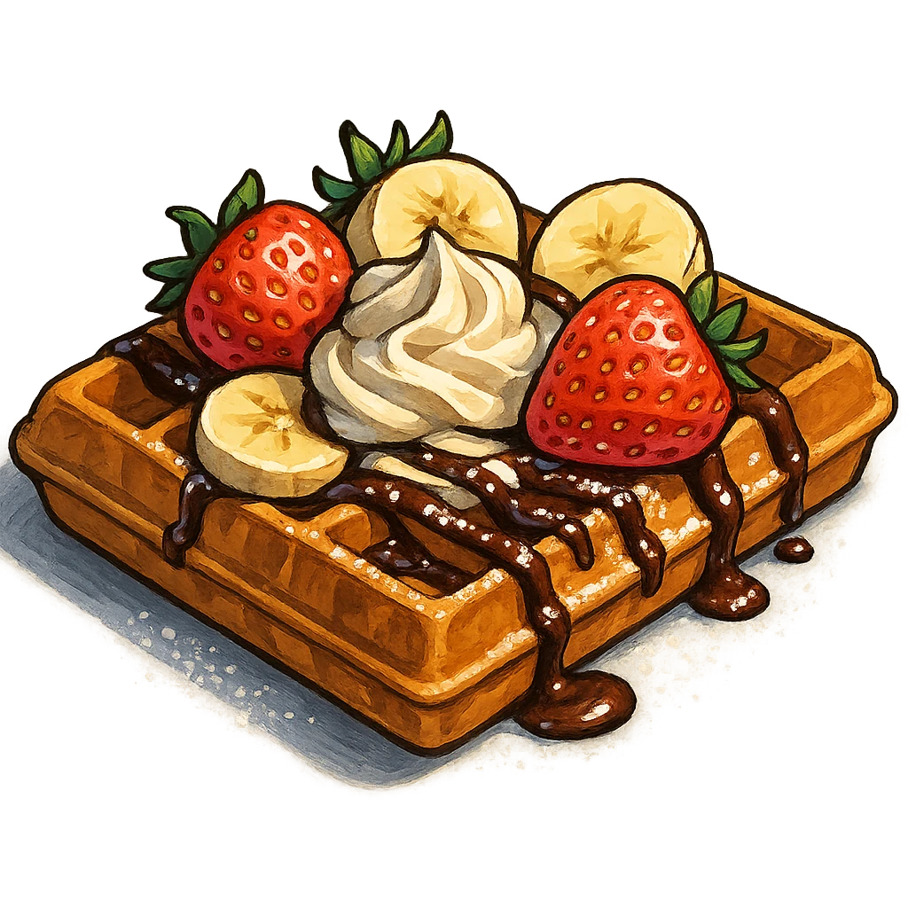 В слегка рисованном, но при этом ярком и объемном стиле с четкими линиями составь фотореалистичную композицию, где горизонтально лежит классическая брюссельская вафля с клубникой и бананом, сливочными кремом, политая шоколадом и посыпанная сахарной пудрой, профессиональный свет, подчеркивающий объем, сделай картинку более широкой, прозрачный фон emoji