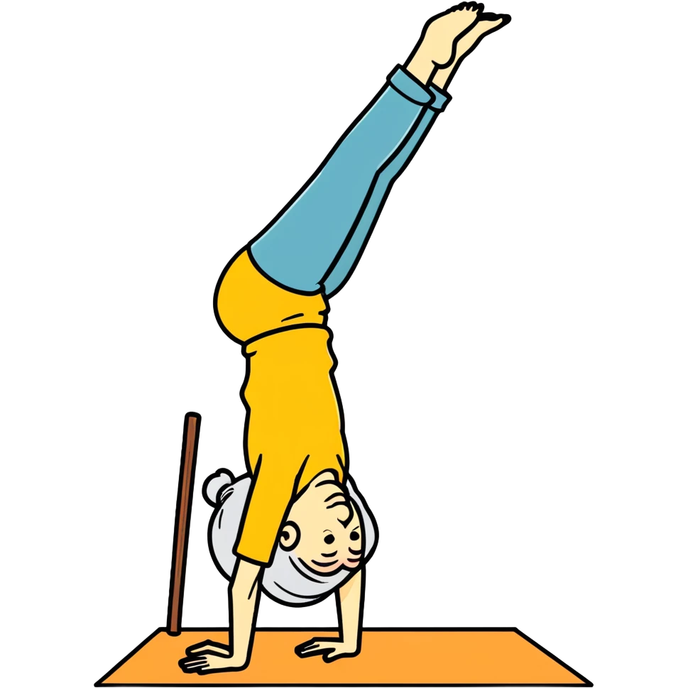 Old woman doing a headstand and holding a cane  emoji