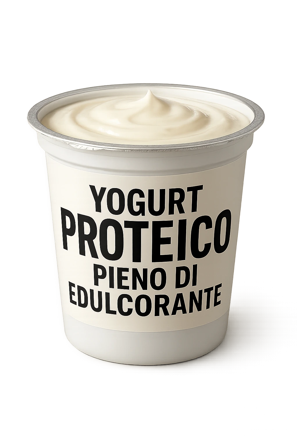 Yogurt proteicO CON LA SCRITTA "YOGURT PROTEICO PIENO DI EDULCORANTE" SULL'ETICHETTA,  iperrealistico 4k emoji