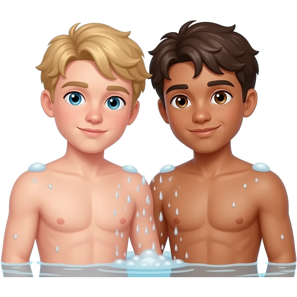 Make a young gay teen couple on a Date , one has light Skin with Blond Hair and Blue Eyes, the other one has slightly brown skin witz dark Brown Hair and Brown Eyes. They are shirtless together in the shower. emoji