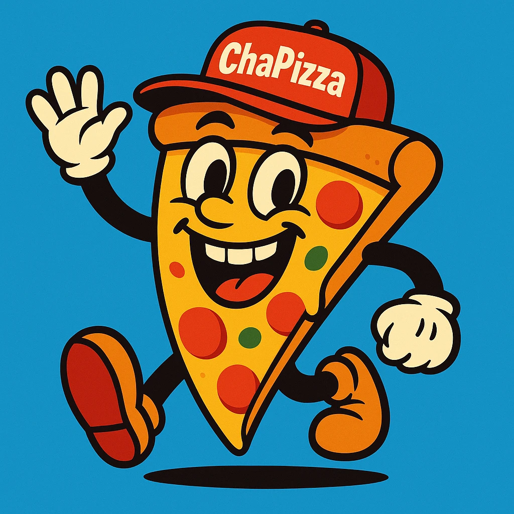 playful pizza slice character with a big smile, wearing a red cap labeled 'ChaPizza', fun colorful cartoon style emoji