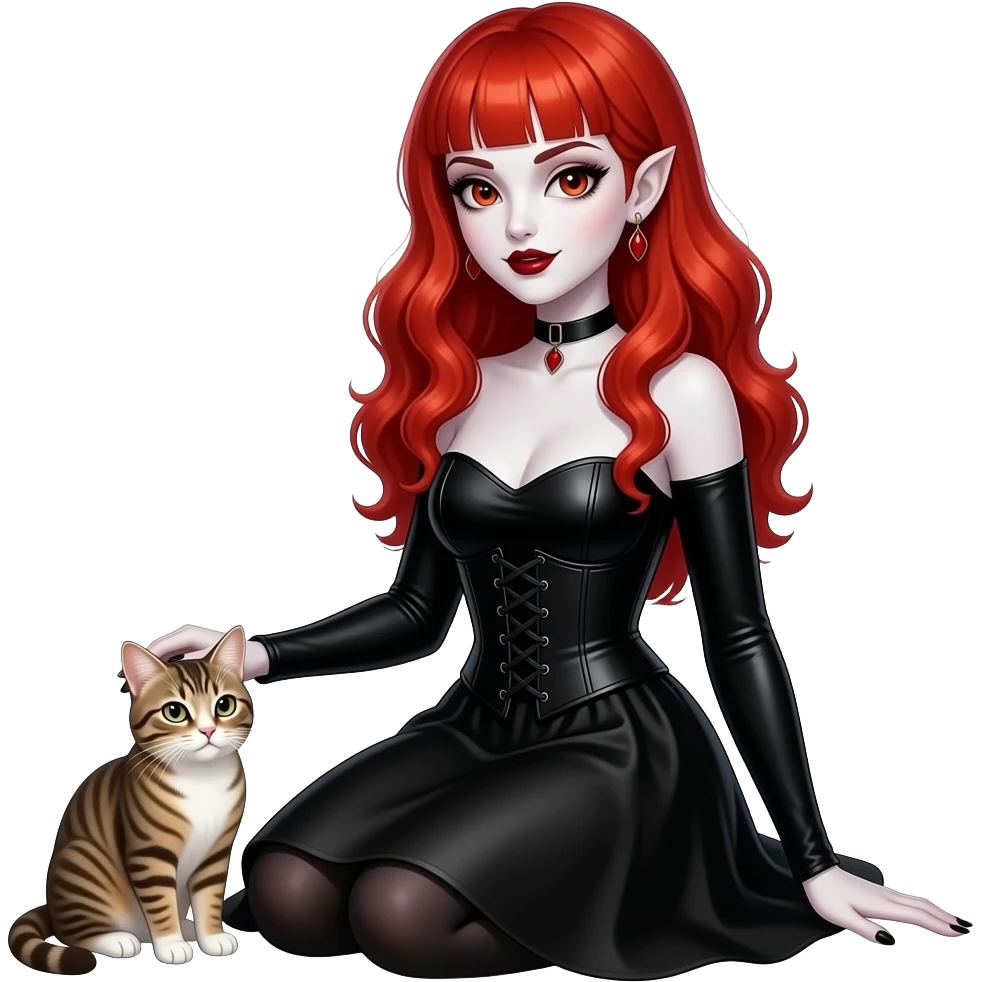 Vampiro femmina con pelle bianca capelli lunghi  rosso fuoco ondulati e la frangetta che indossa una vestito stretto in vita e largo sotto nero con maniche lunghe seduta che sa accarezzando un gattino emoji