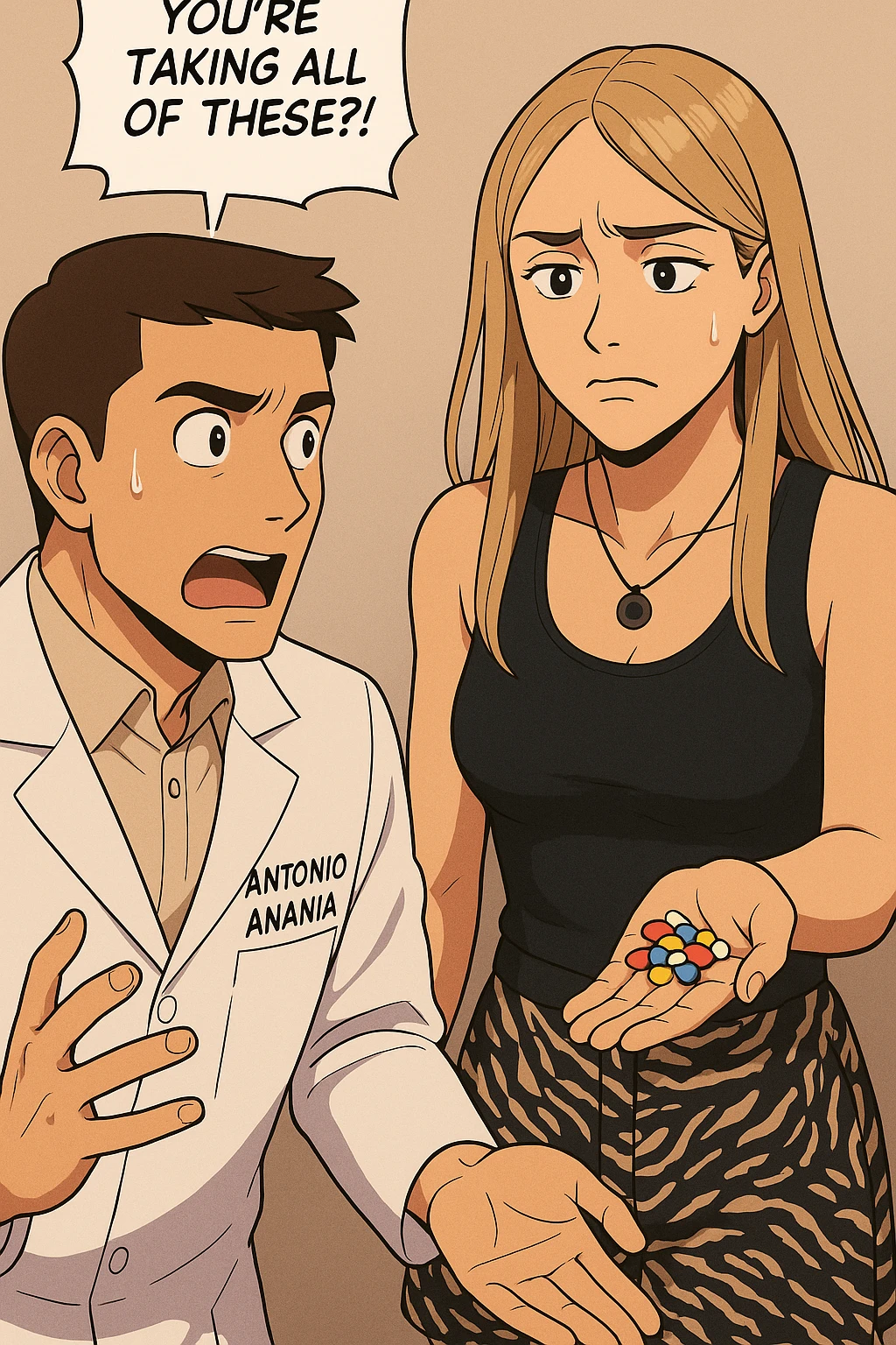 fai un webtoon/manga a colori con questo kinesiologo in camice bianco (fagli la scritta "ANTONIO ANANIA" SUL CAMICE) CHE PARLA CON QUESTA RAGAZZA. LA RAGAZZA HA UN PUGNO DI INTEGRATORI IN MANO (TANTE PILLOLE DIVERSE) E LE GUARDA DUBBIOSA. IL KINESIOLOGO CON IL CAMICE BIANCO LE DOMANDA UNA COSA SCIOCCATO. NON FARE I FUMETTI, FAI SOLO LORO COME SE DIALOGASSERO emoji
