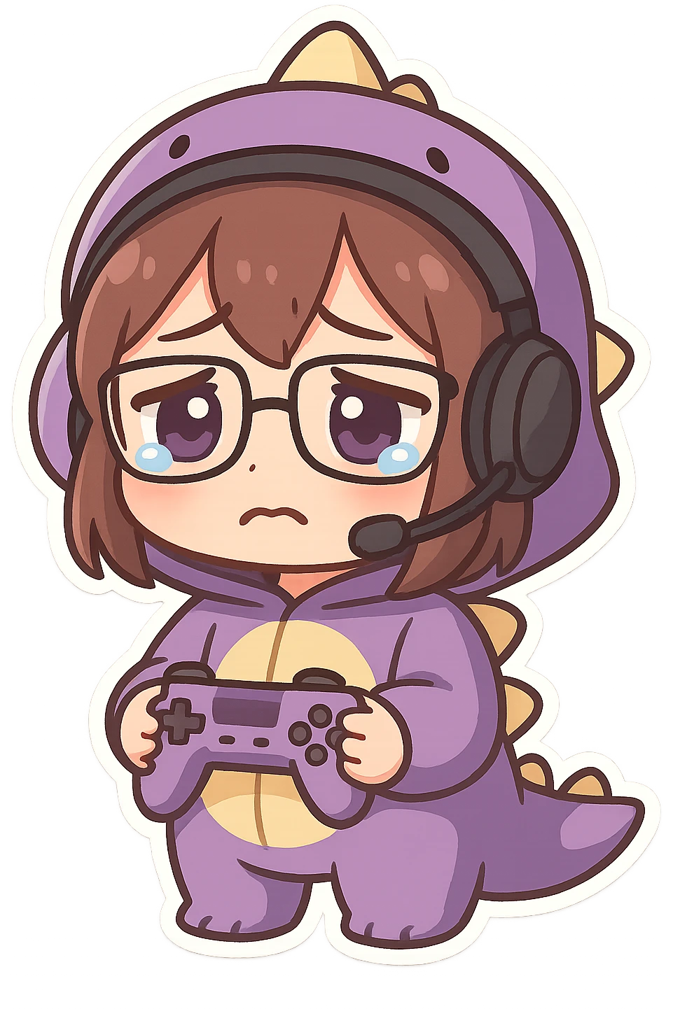 chibi anime style gamer girl with glasses, brown hair, dark purple eyes, wearing a purple dinosaur costume, sad emote emoji