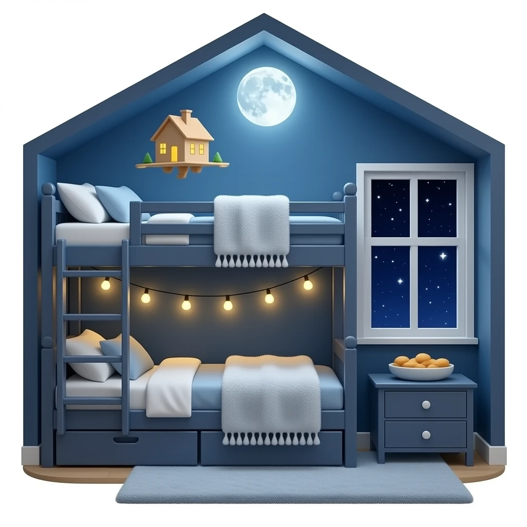 Sky bucnk bed  and ldc lights  and cozy fuzzy blankets and a flying home  in night and a cozy moon and a big window and snacks and inside the house emoji