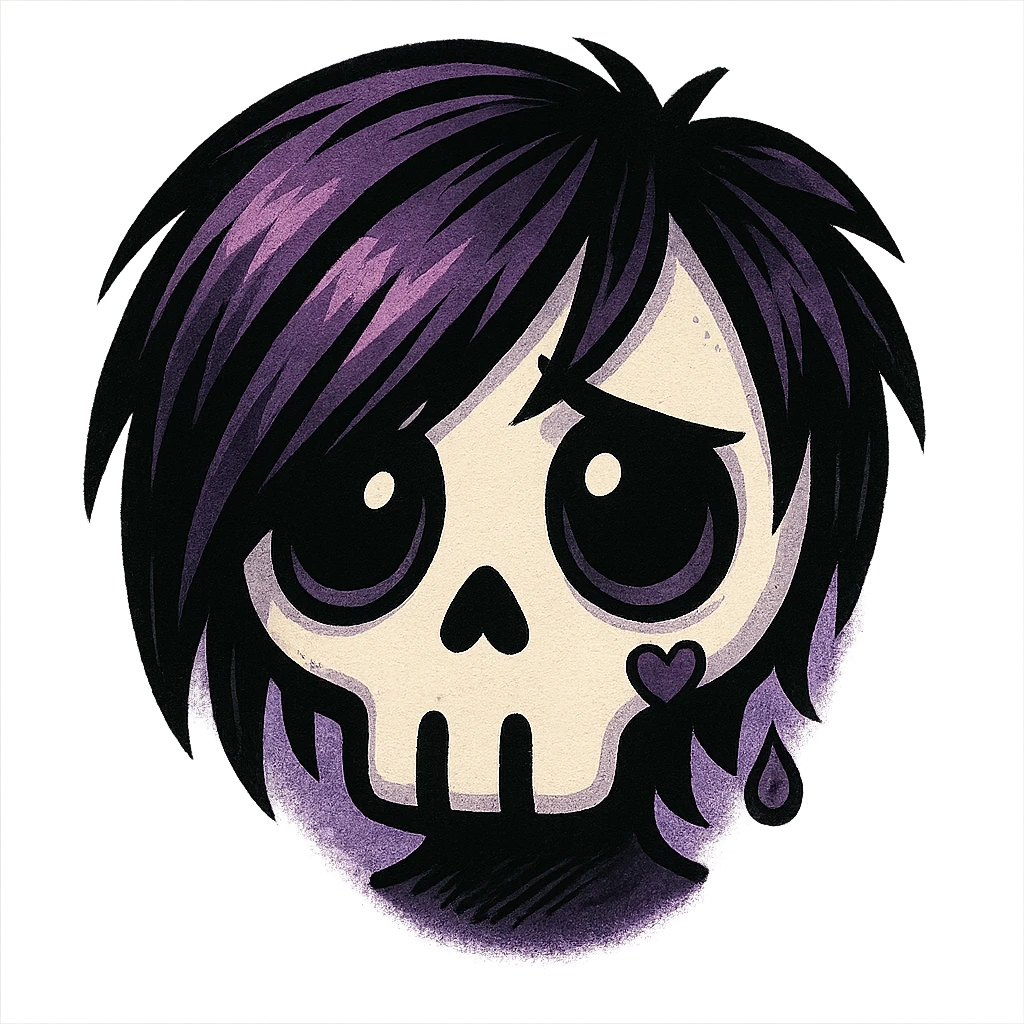 emo skull, black and purple, cute and expressive emoji