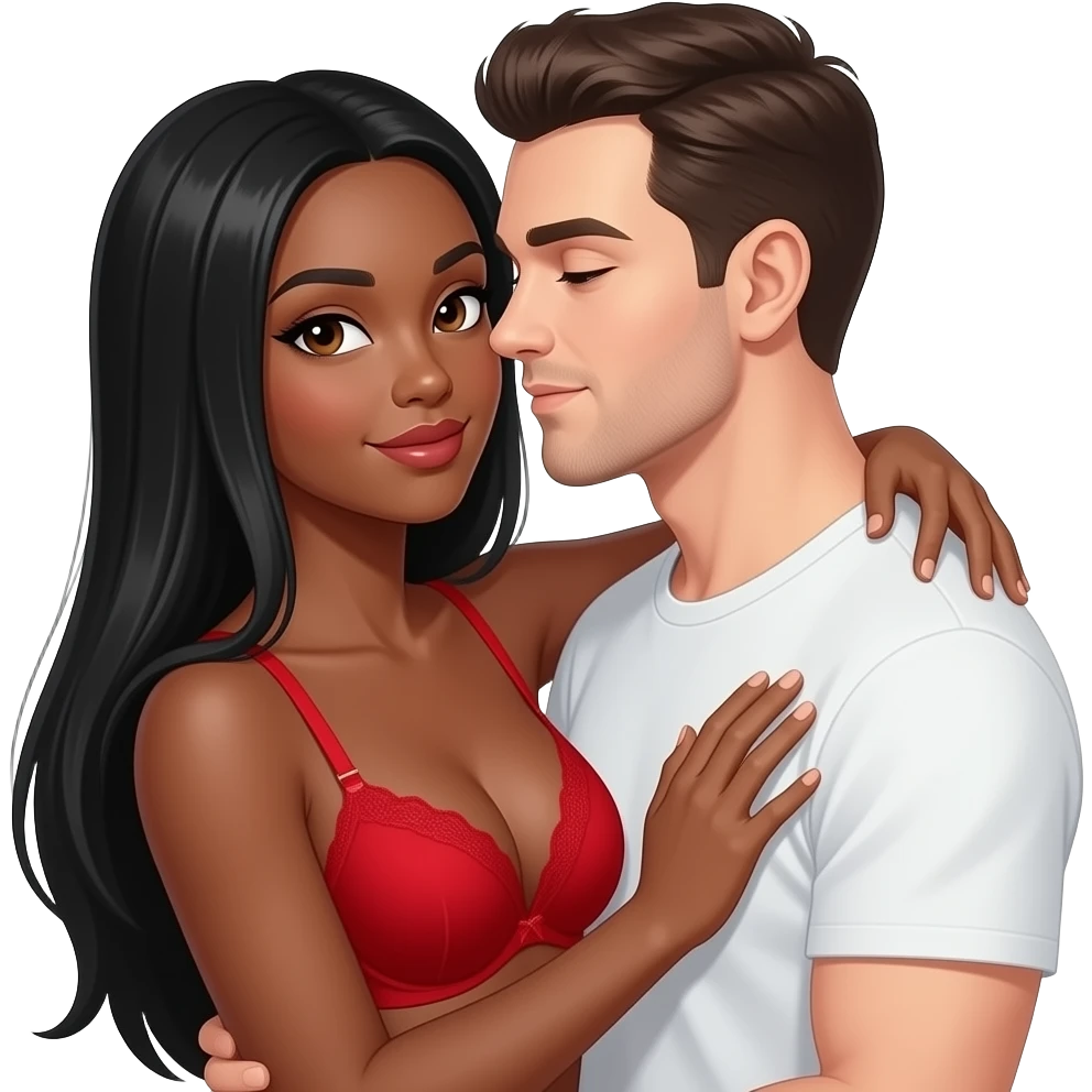 Lightskin black woman with brown eyes & long black straight hair wearing only a sexy red bra getting fucked by a white man emoji