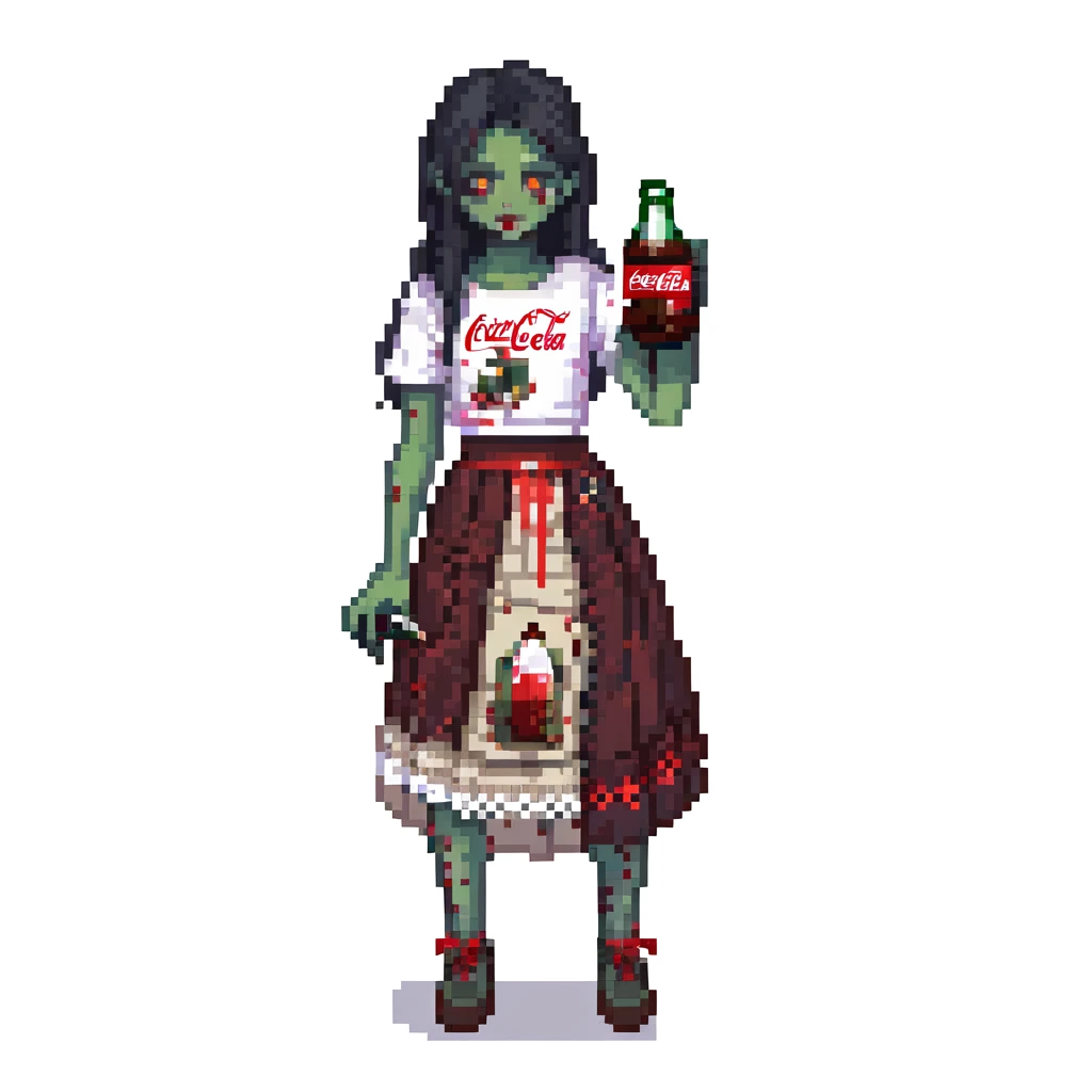 Generate an Asian girl, dark-haired, she's a zombie, wearing a skirt with lace, slightly torn,

Holding a bottle of Coca-Cola in her hands.

Background - a dark street in the style of Gotham City. emoji