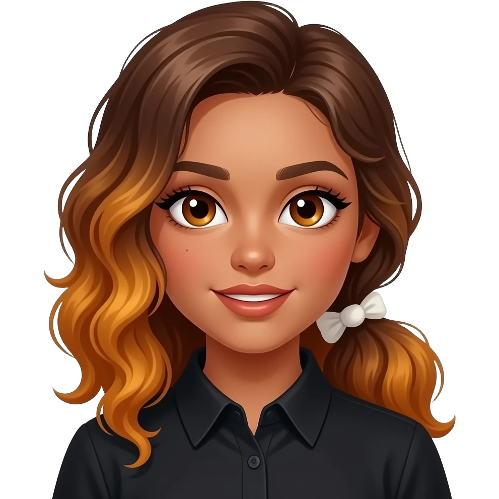 girl with medium to long, slightly curly brown, naturally orange-tinted hair all gathered up in a single low ponytail held with a white scrunchie, dark-goldenish-brown skin, big brown eyes, long lashes, thick dark eyebrows, a single dimple on her left cheek, vampire shirt. emoji