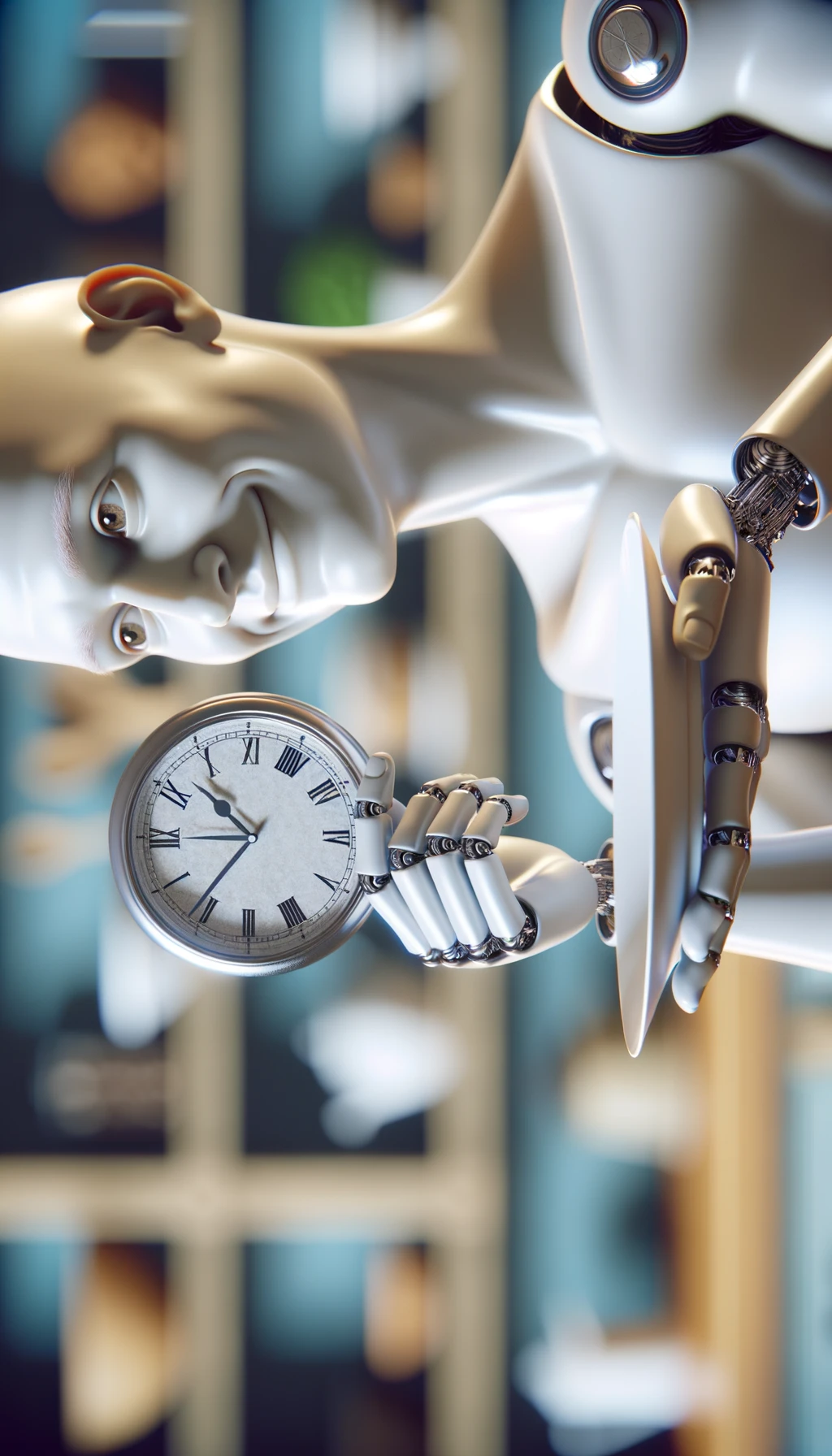 corpo umano anatomico, che tiene in mano un piatto bianco con la lancette di un orologio sopra, figura visibile fino ai fianchi, espressione del volto soddisfatta, sullo sfondo la sua cucina sfocata, iperrealistico 4k emoji