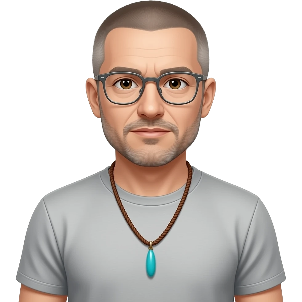 pointed chin pointed chin haved face pendant without a clasp Turquoise on brown paracord t shirt shaved grey short hair full-length photo of extreme streetwear clean-shaven face cool boy thin metal-framed glasses very entellectual man, 48 years old street wear stubble, shaved short with clippers emoji