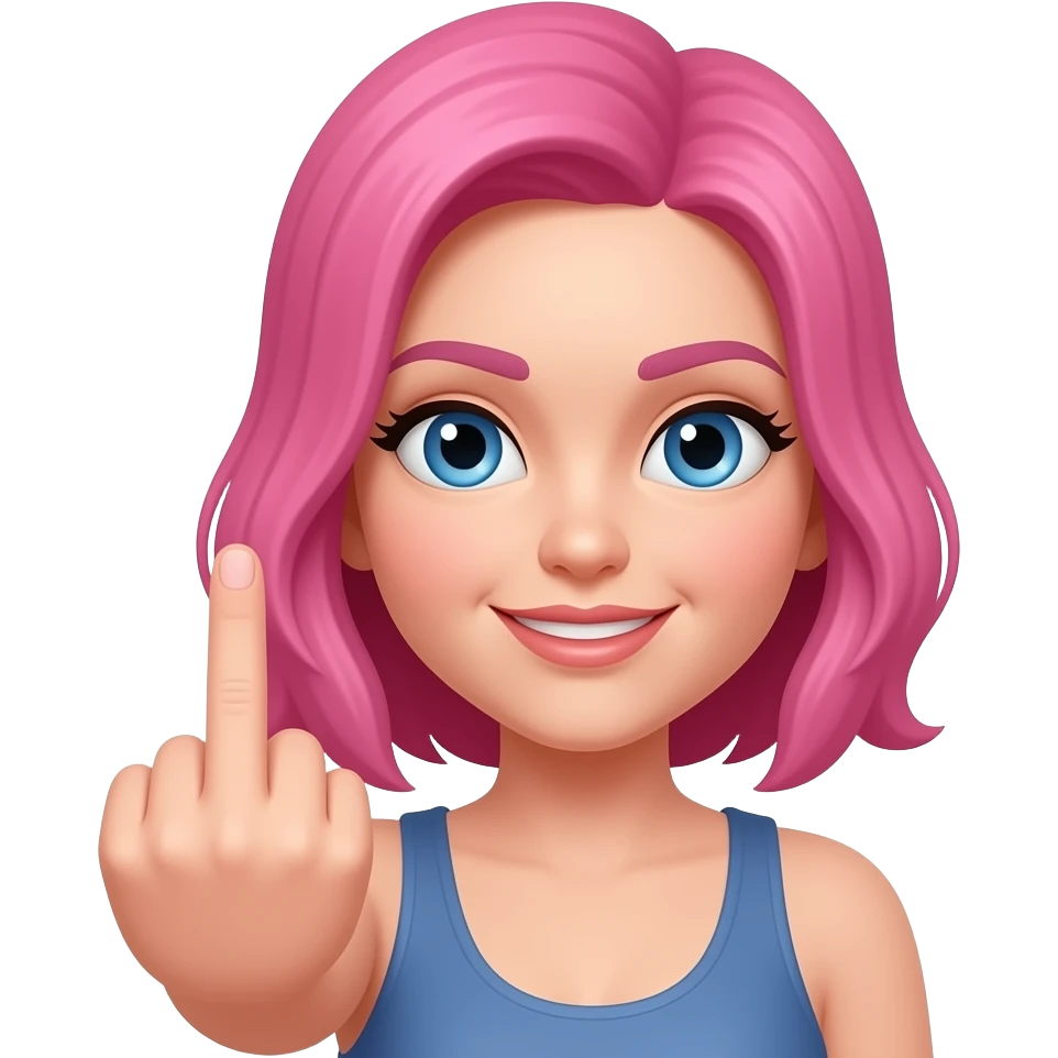 Woman with pink hair and blue eyes giving the finger emoji