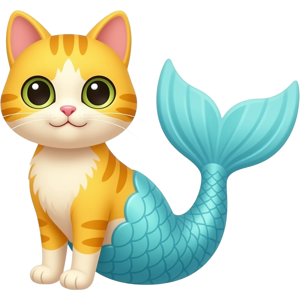 A cartoon style of Yellow cat with #B8FFFF mermaid tail emoji