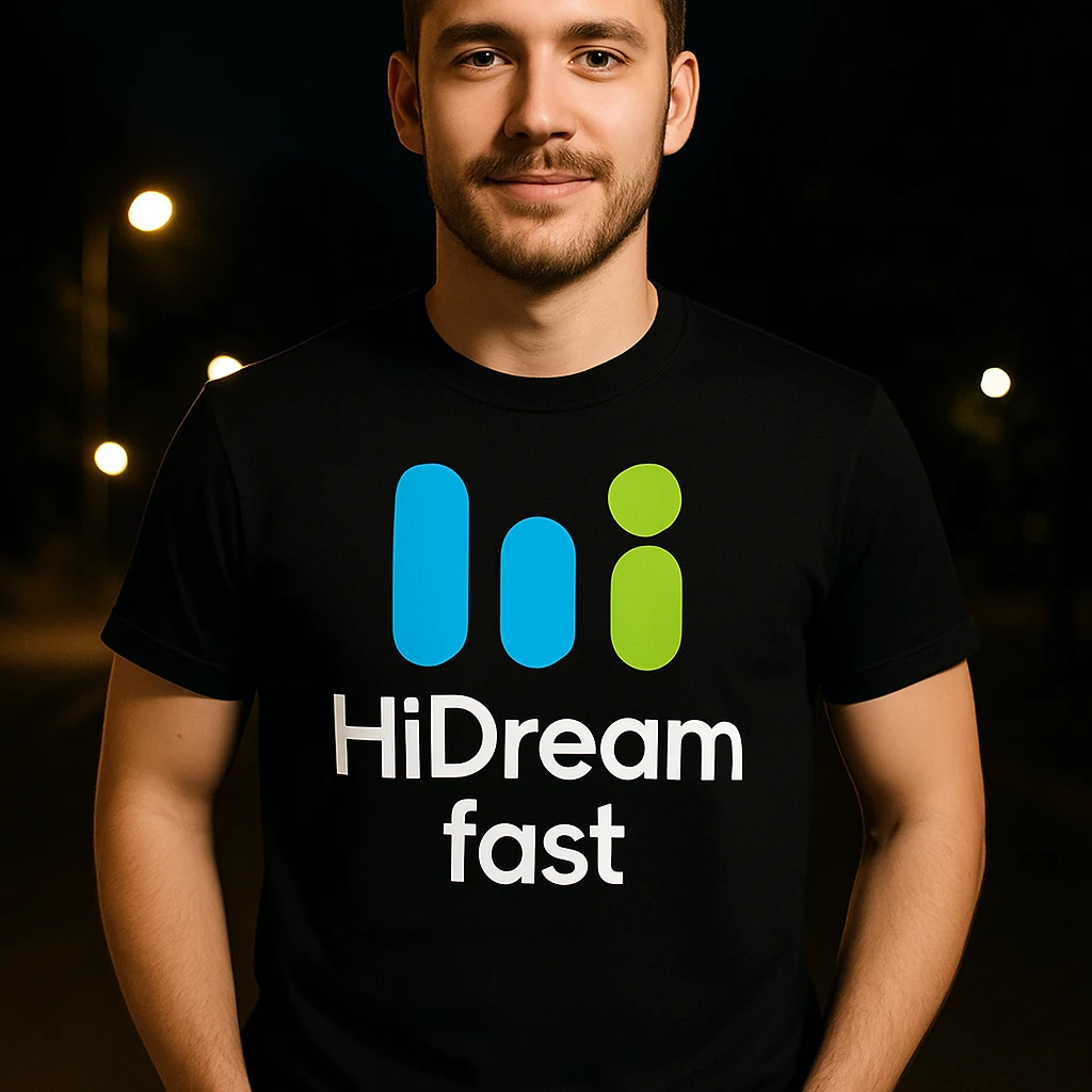 man wearing tshirt with this logo, dark night background with dim , add fast below logo, make man fit into image emoji