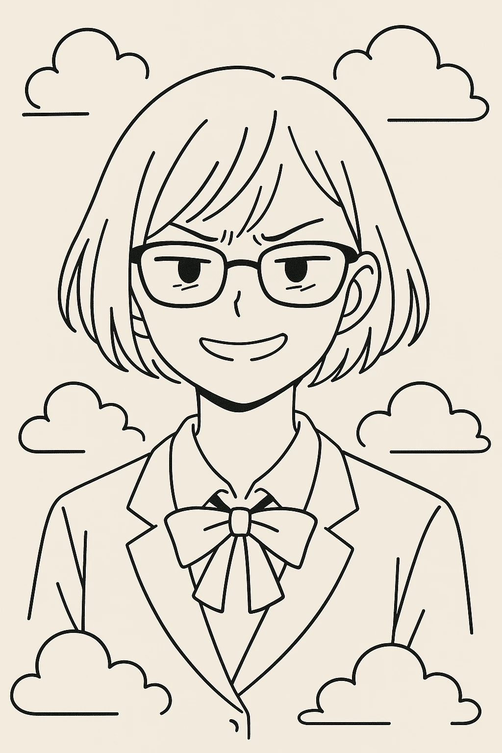 high school girl with glasses and short hair, smiling but with subtle signs of inner anger, surrounded by clouds, in a minimalist line art style emoji
