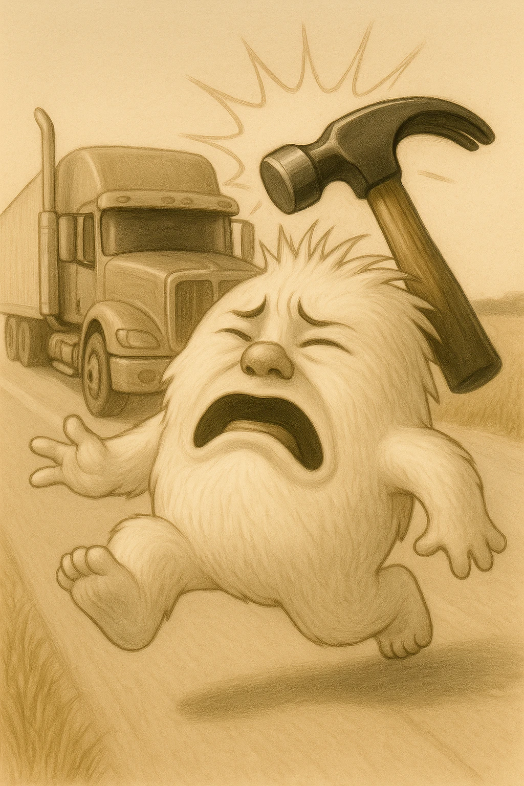 Add a comic-style impact effect where the hammer hits the abominable snowman, remove any blue color from the abominable snowman. Keep the side view, flattop semi with chrome stacks far behind, light and realistic style, no text. emoji