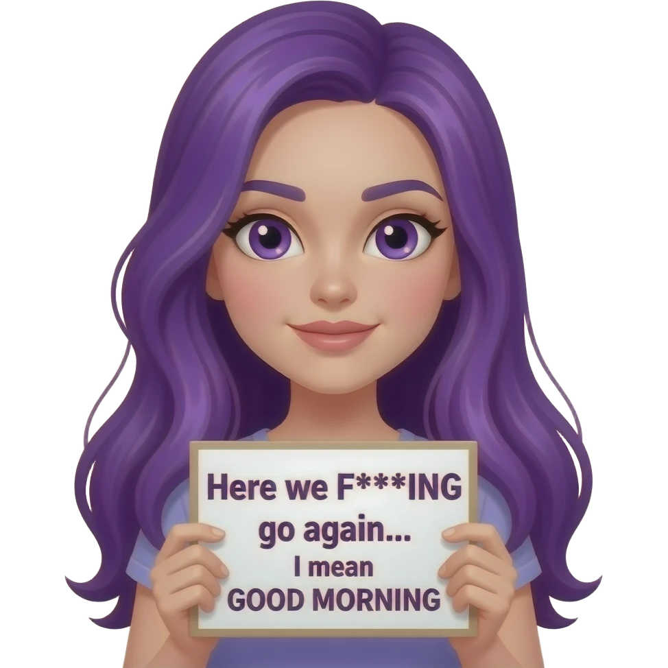 sexy girl with long purple hair and purple eyes holding a Here we F***ING go again... I mean GOOD MORNING sign emoji