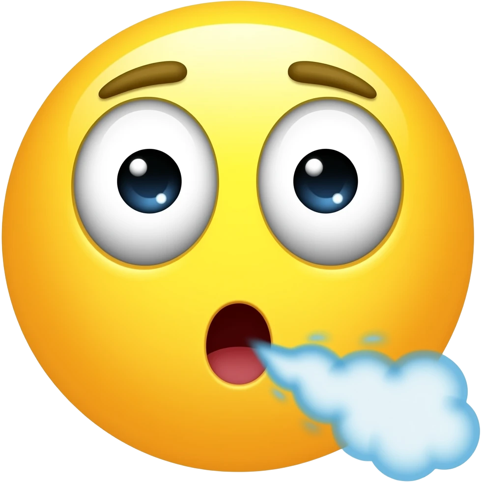 Yellow circle looking tired and suprised and air coming out of the mouth emoji