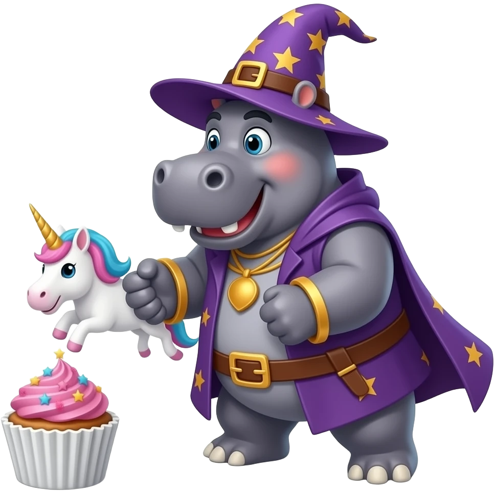 fat hippo wizard attacking unicorn cupcake emoji