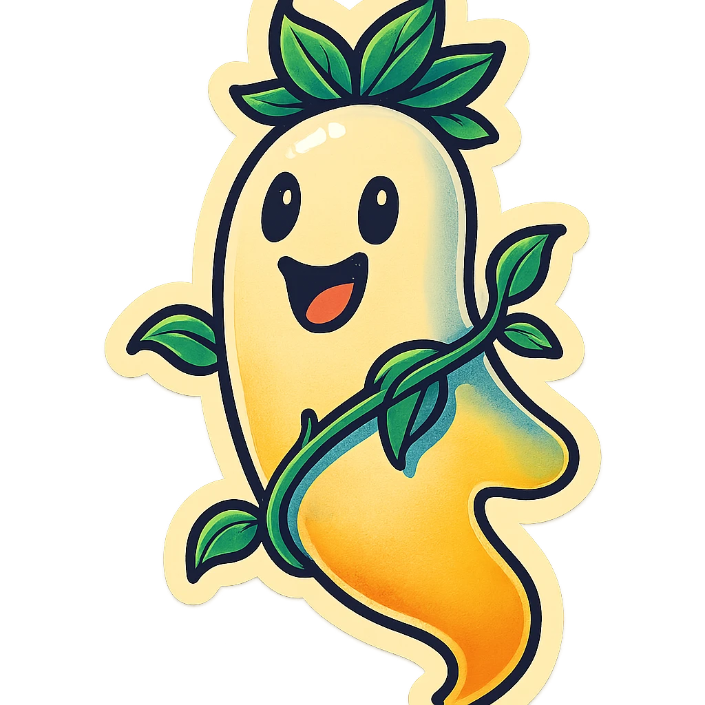 retro sticker-style elongated ghost with a leafy crown and a vine wrapped around its body, cute, bold outlines, shadows and highlights, cheerful expression emoji