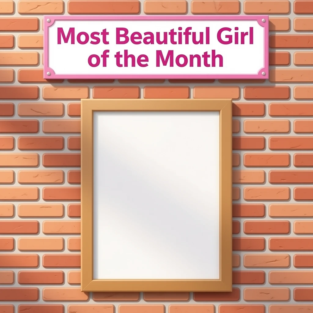 blue purple A stylish brick wall background with a centered photo frame hanging on it, above the frame there is a sign that reads “Most Beautiful Girl of the Month”, soft lighting, realistic brick texture, subtle shadows on the wall, empty frame for photo inspired by barbie colour pallete emoji