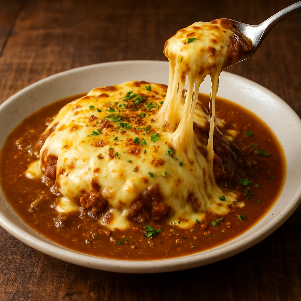 cheese-covered curry, cheese pull effect, savory curry, delicious presentation emoji