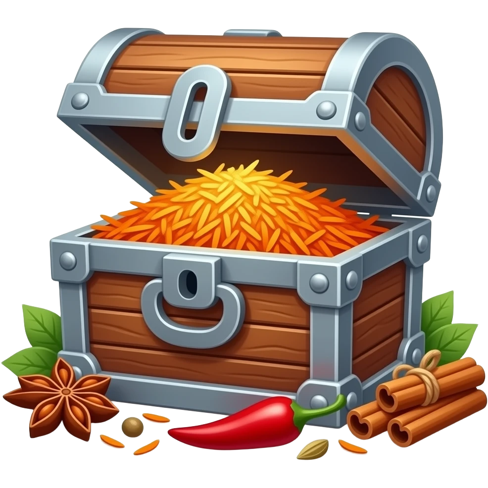 Пустой от сокровищ сундук повёрнутый к зрителю фронтально, но с яркими специями и пряностями, от которых буквально поднимается аромат emoji
