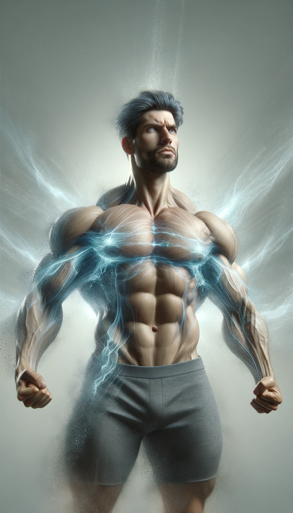 un uomo forte e in salute che esprime potere grazie al suo testosterone, con sfondo chiaro neutro, iperrealistico 4k emoji