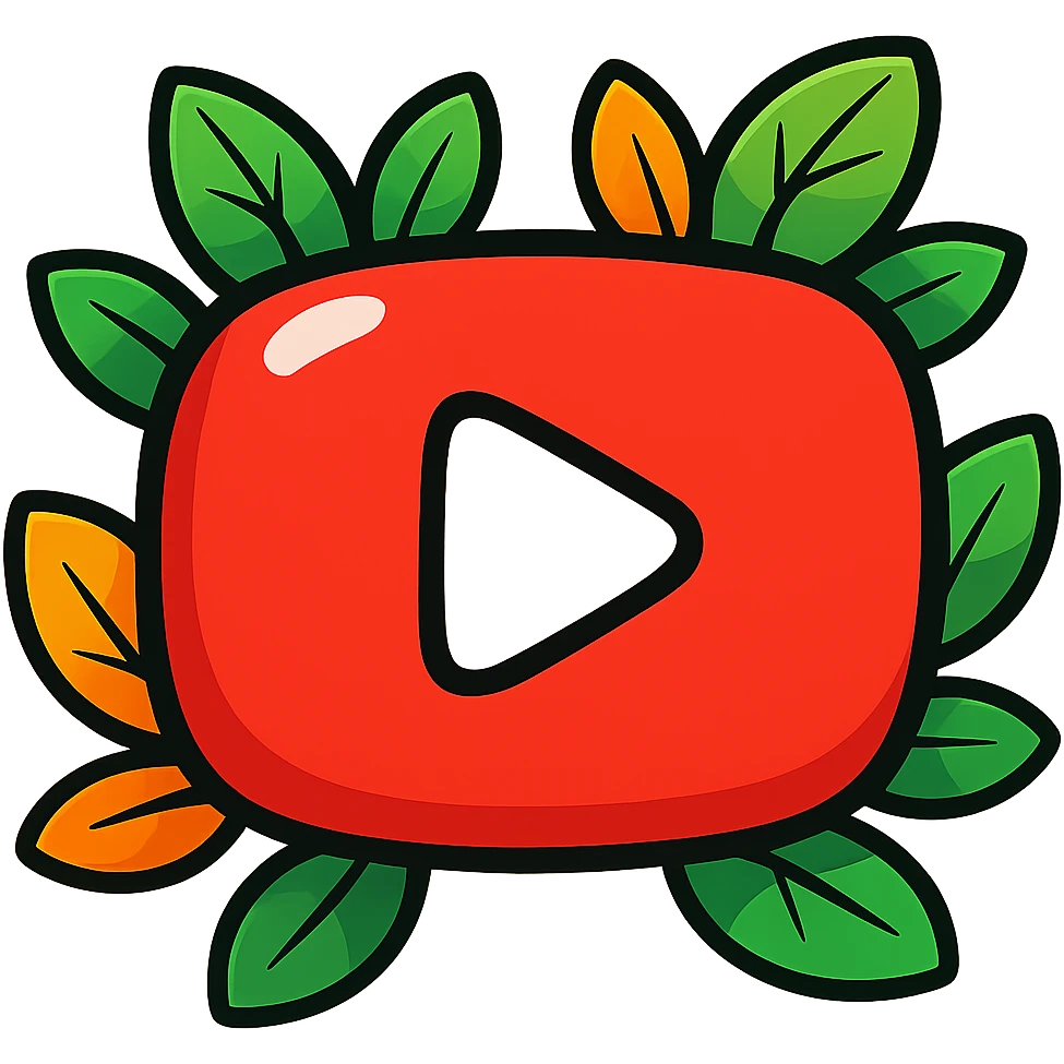 Ultra plump, rounded YouTube logo in vibrant toon style with bold black outline, sharp graphic solid shadows, and glossy highlights. No gradients; shadows and highlights are solid and distinct, not soft or 3D. Emphasize a drawn, illustrated look with solid bright colors, no background, and bright leaves around the logo. Make the shapes even rounder and softer, flat and cartoonish. emoji
