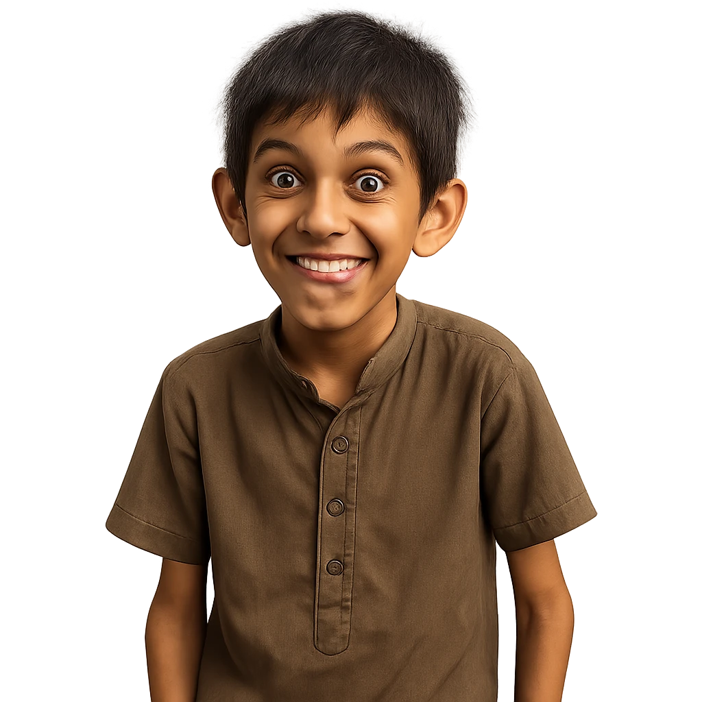 little skinny Pakistani boy with a playful, mischievous expression, trying to look funny emoji