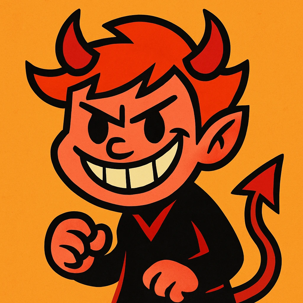 cartoon character with red hair, evil grin, small black eyes, red devil horns, vibrant toon style emoji
