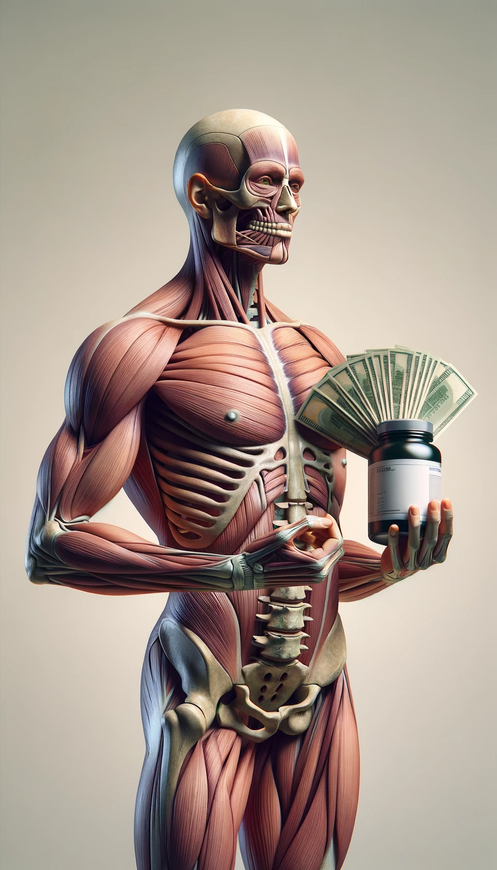 corpo umano anatomico che tiene nella mano destra una boccetta di integratore e nella mano sinistra delle banconote, sfondo neutro chiaro emoji