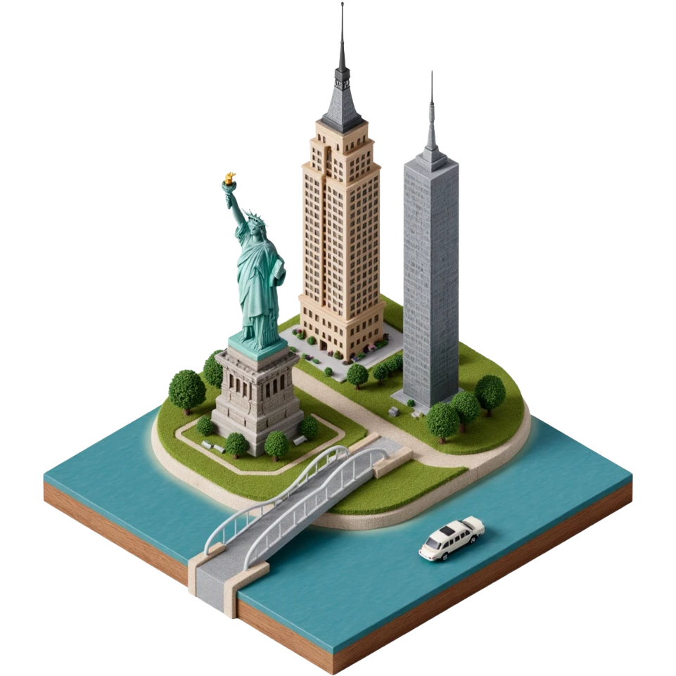 Isometric miniature of New York Сity Empire State Building, Chrysler Building, One World Trade Center, Statue of Liberty, Brooklyn Bridge emoji