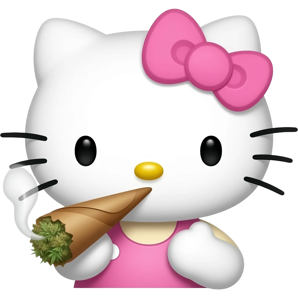 Hello kitty with light pink bow smoking a marijuana blunt emoji