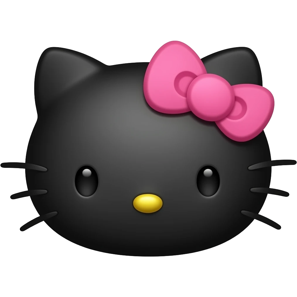Recreate this Hello Kitty-style 3D emoji, keep the same face and design, change the main color to black (face black, bow can stay pink or turn dark pink), smooth 3D glossy style, centered, no background, high resolution. emoji