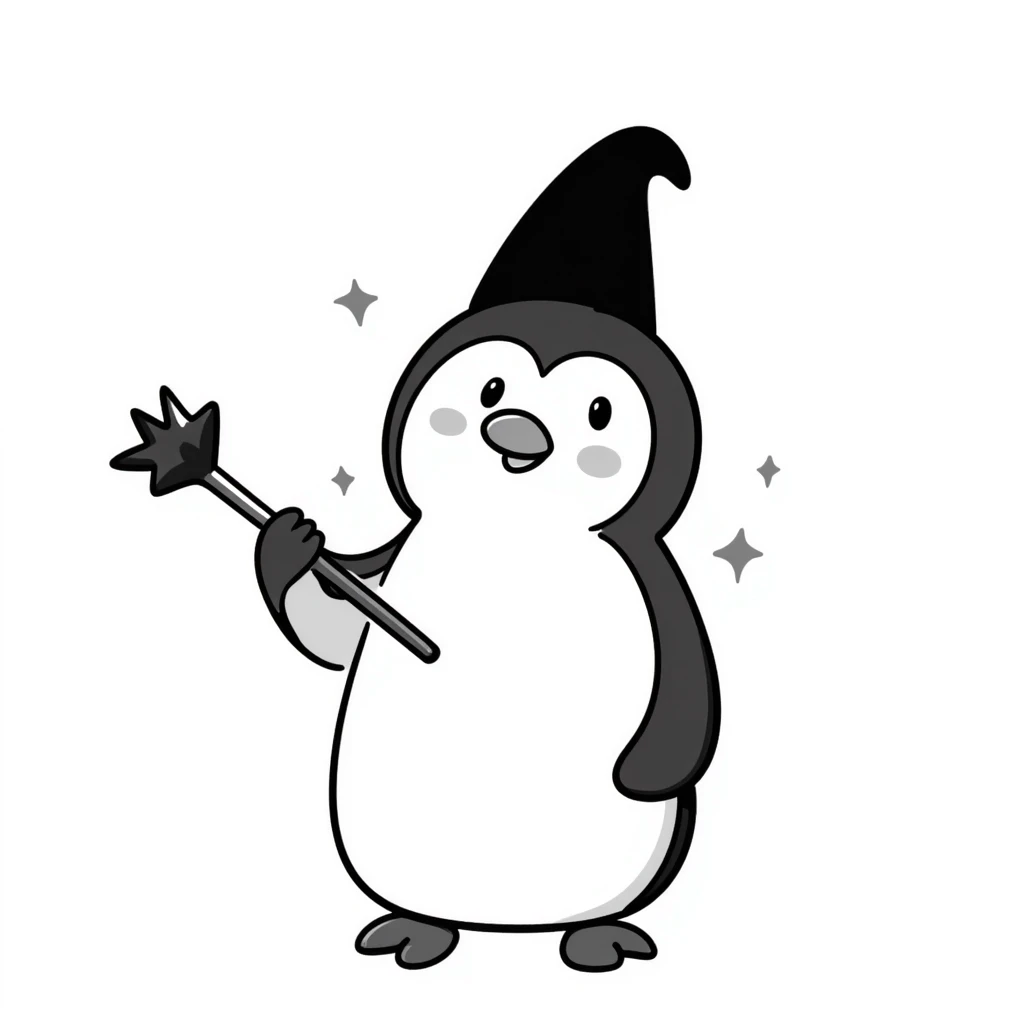 Penguin wizard with pointed hat and magic staff emoji
