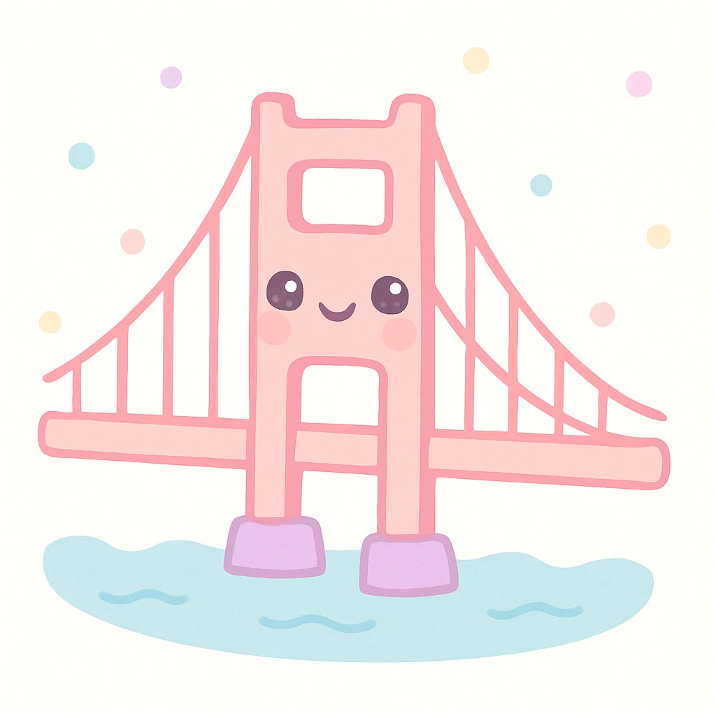 {
  "style_description": {
    "overall_look": "Cute, minimal, and soft with a friendly and playful tone",
    "material_simulation": {
      "primary_material": "flat digital color",
      "texture_detail": "smooth surfaces with no texture or shading",
      "pattern": "none or very simple decorative accents (e.g., hearts, stars)"
    },
    "geometry": {
      "edge_style": "rounded, soft curves with no sharp angles",
      "dimensionality": "flat two-dimensional appearance with simple shapes"
    },
    "color_palette": {
      "scheme": "pastel and light tones",
      "preferred_colors": ["pink", "mint", "lavender", "baby blue", "peach"],
      "contrast": "low contrast with bright accents"
    },
    "facial_features": {
      "eyes": "large, sparkly, often oval or circular",
      "mouth": "small, often a simple curve or dot",
      "expression": "joyful, innocent, or calm"
    },
    "lighting": {
      "type": "none or implied with soft highlights",
      "purpose": "maintain a clean and cheerful look"
    },
    "render_constraints": {
      "avoid": ["realistic shading", "high detail", "dark themes", "texture noise"],
      "focus_on": ["cute expression", "iconic simplicity", "emotional warmth"]
    },
    "background": {
      "color": "white or soft pastel",
      "style": "plain or patterned with simple icons (e.g., polka dots, stars)",
      "lighting_consistency": "no shadows, evenly lit feel"
    }
  }
}

{subject} = golden gate bridge emoji