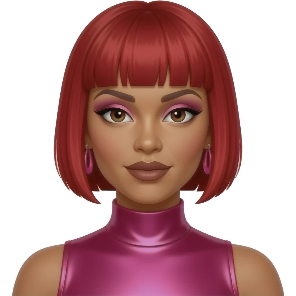 Tionne T-Boz Watkins from TLC with dark brown eyes, bright red tapered pixie cut hair, pink eyeshadow, dark brown lipstick, hot pink metallic high neck dress, pink earrings emoji
