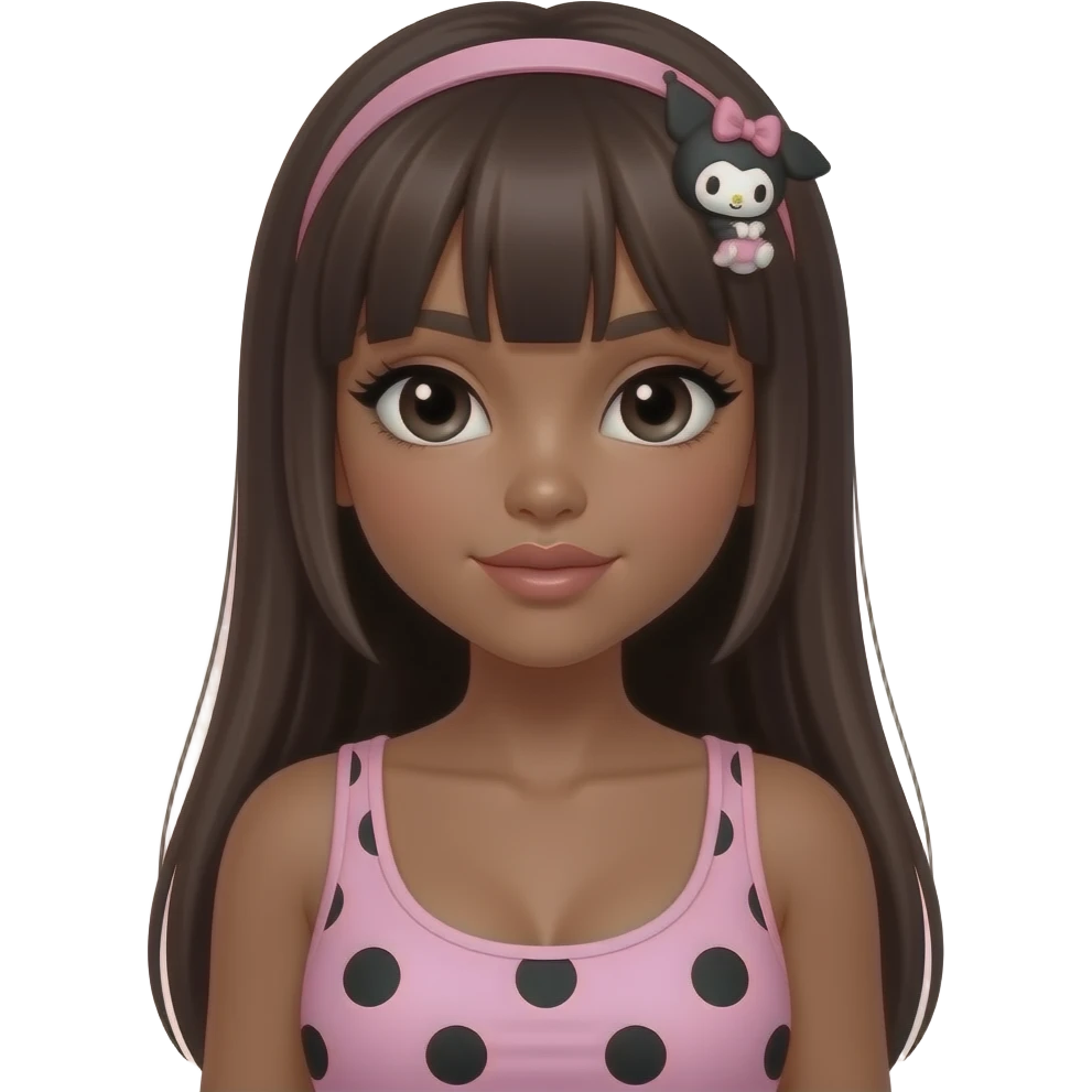 Dark brown skin, Gyaru makeup, my melody hairclip, cutecore, doll eyes, Doll, big chest, black girl with dark brown skin, with straig htened long dark brown hair, black cute eyes, cute lips with Gyaru outfit with tank top light pink and black polka dots emoji