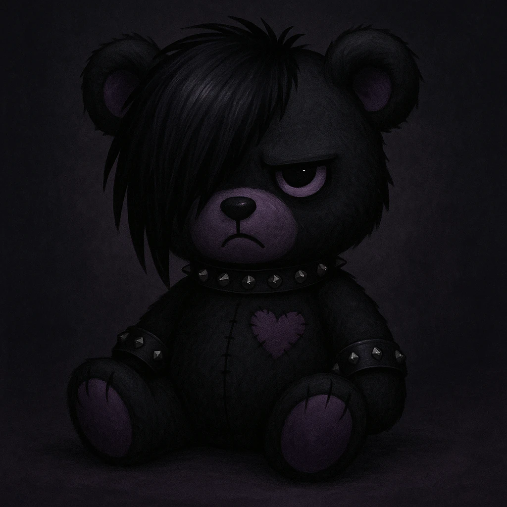 an emo-styled teddy bear, black and purple, moody emoji