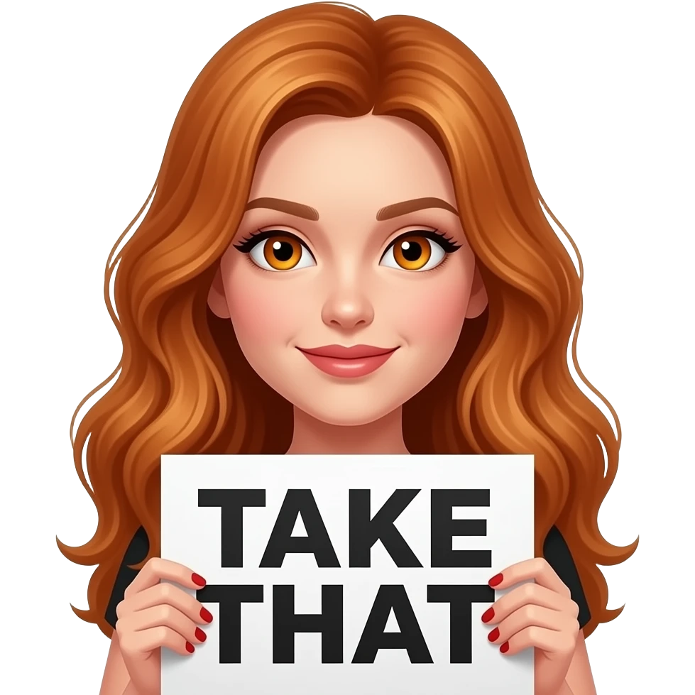 a sexy girl with long wavy ginger hair and ginger eyes is holding a TAKE THAT sign emoji