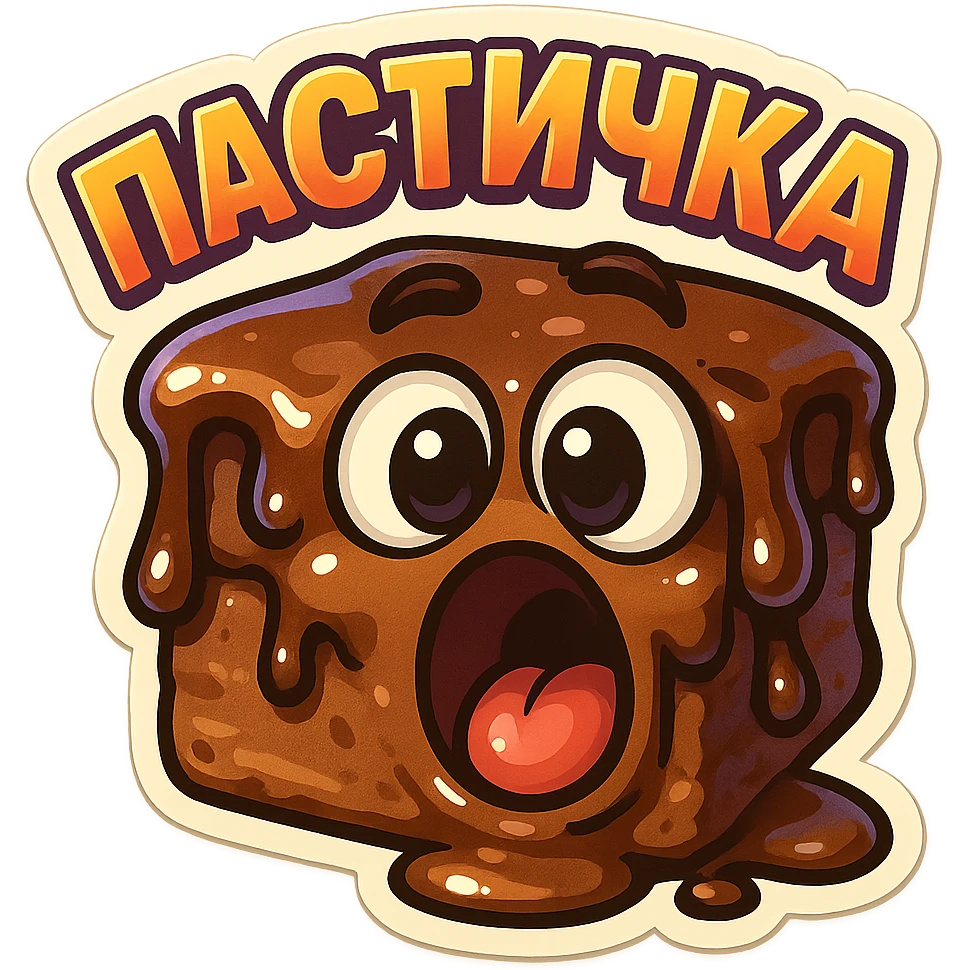 Rectangular chocolate mini pastry, slightly messy and squished, chocolate dripping, big round eyes, wide open mouth, playful surprised expression, text above: "ПАСТИЧКА", chibi style, Twitch emoji style, transparent background, colorful

 emoji