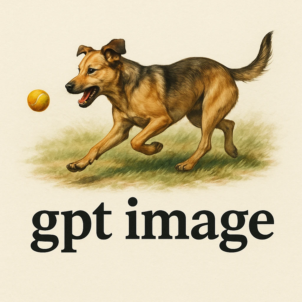  logo with text "gpt image" on the background of a dog chasing ball, realistic image emoji