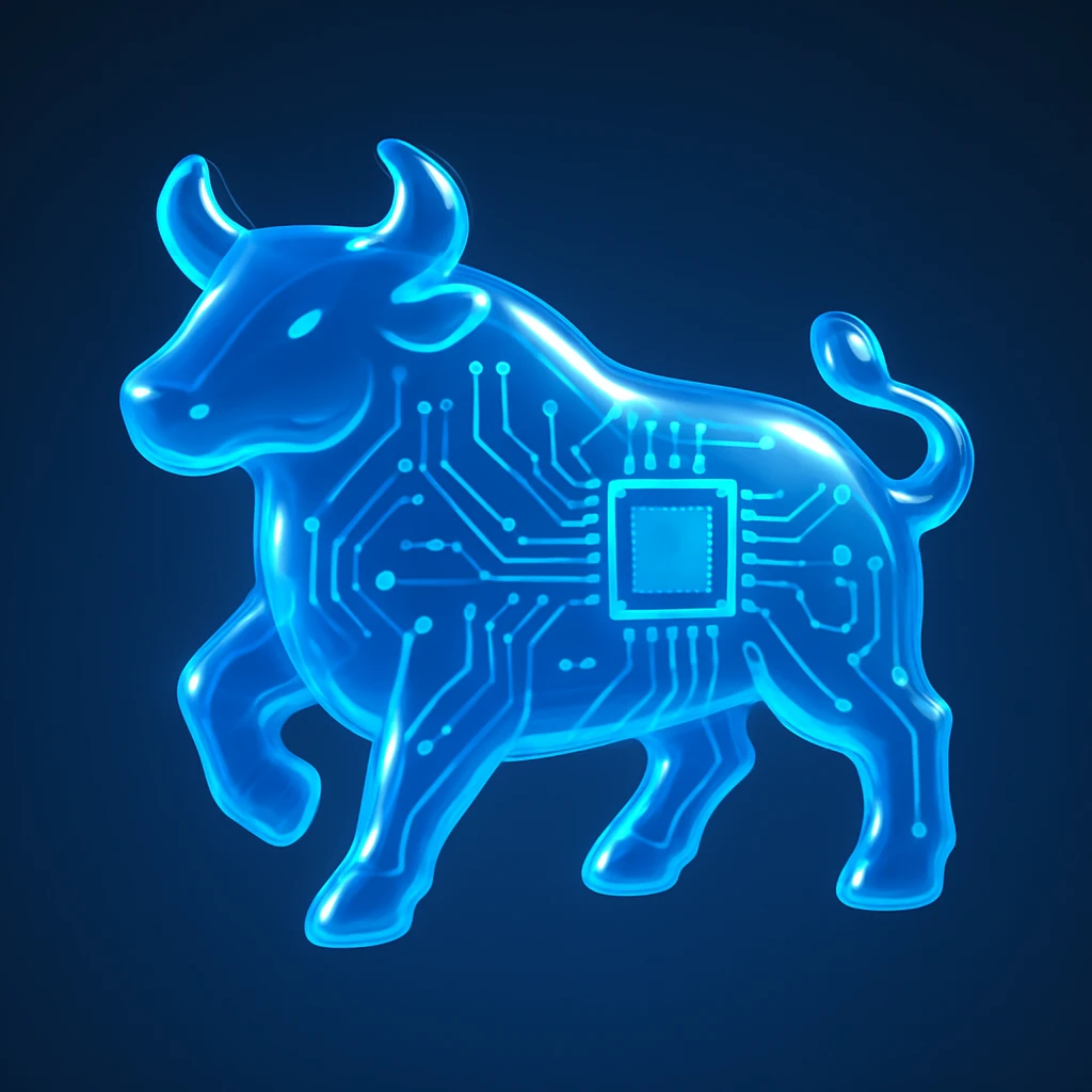 abstract bull silhouette, luminous blue, tech circuitry details, glossy circuit style emoji