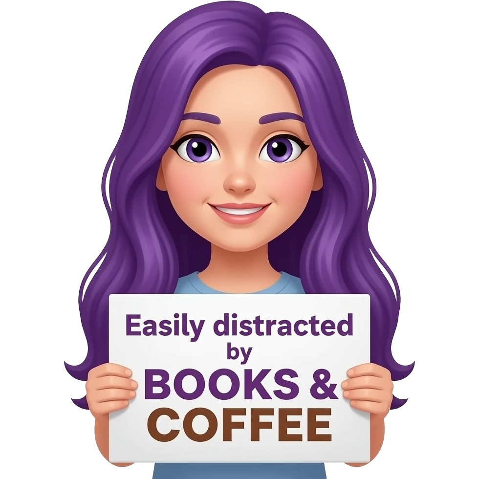 girl with long purple hair with a Easily distracted by BOOKS & COFFEE sign emoji