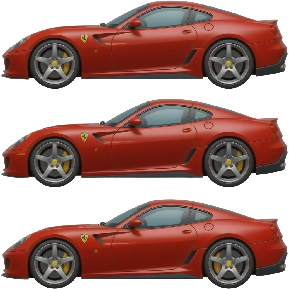 ferrari 599GTB, perfect proportions of wheels and tires, front end and rear end and middle of car compressed like a cartoon drawing, exaggerated emoji